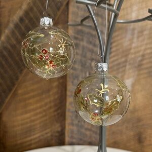 Set of 2 hand-painted, blown-glass ornament w/ gold glitter leaves & red berries